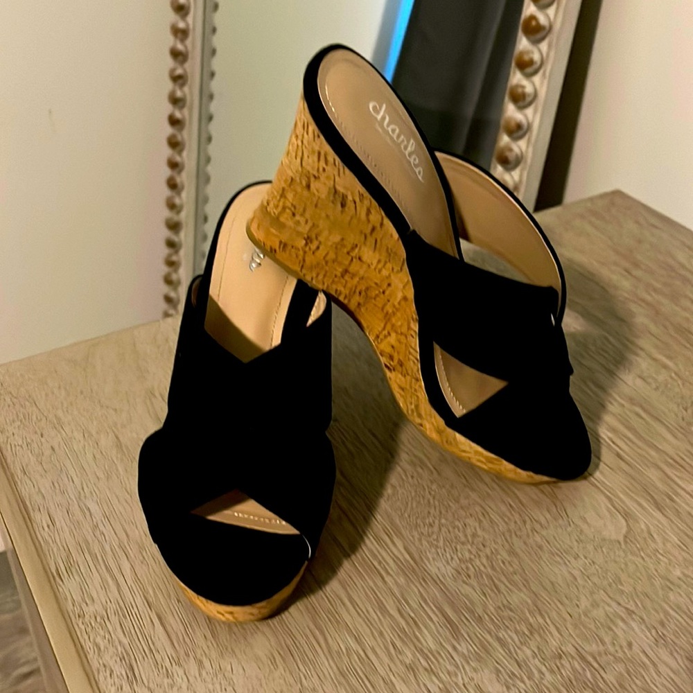 Black suede Charles David cork heel wedges